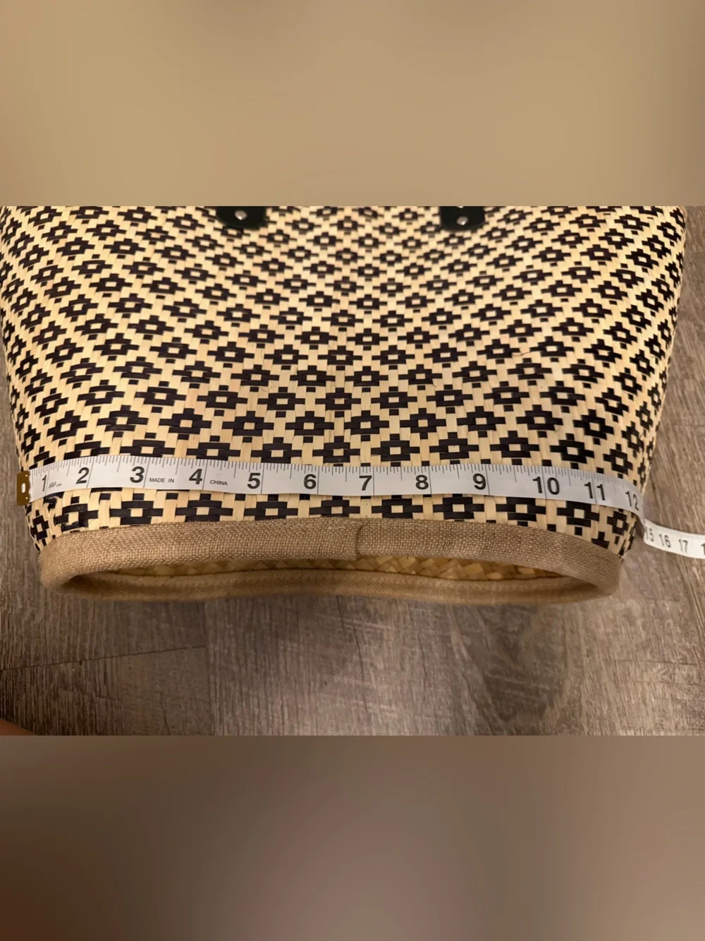Woven Black and Natural Tote Bag with Black Straps